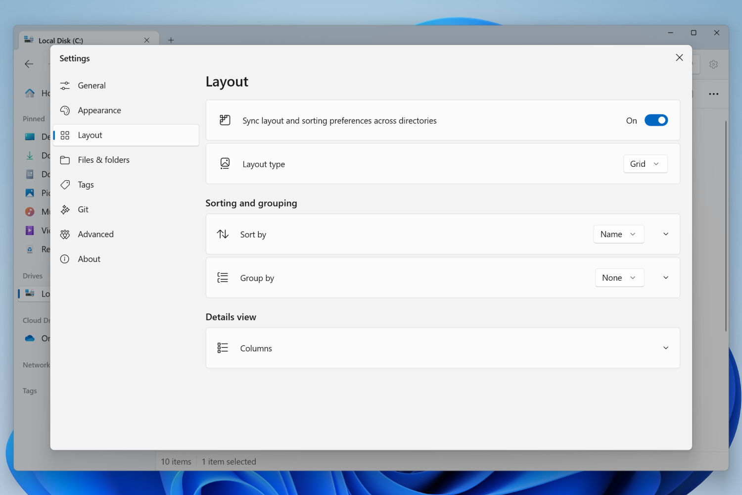 Layout settings page