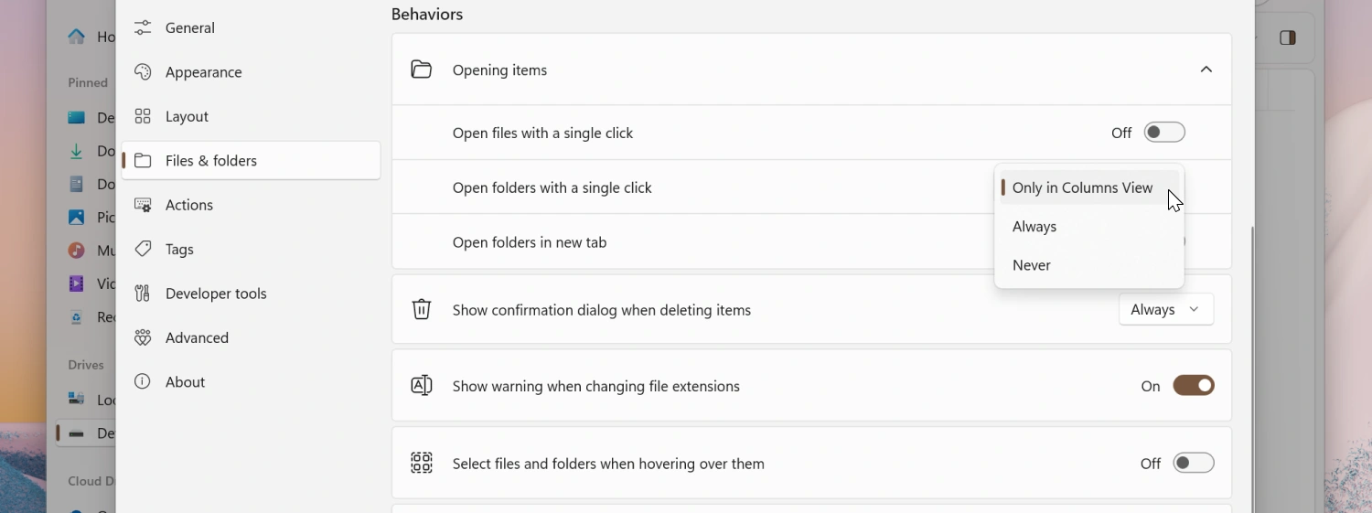 Opening items settings